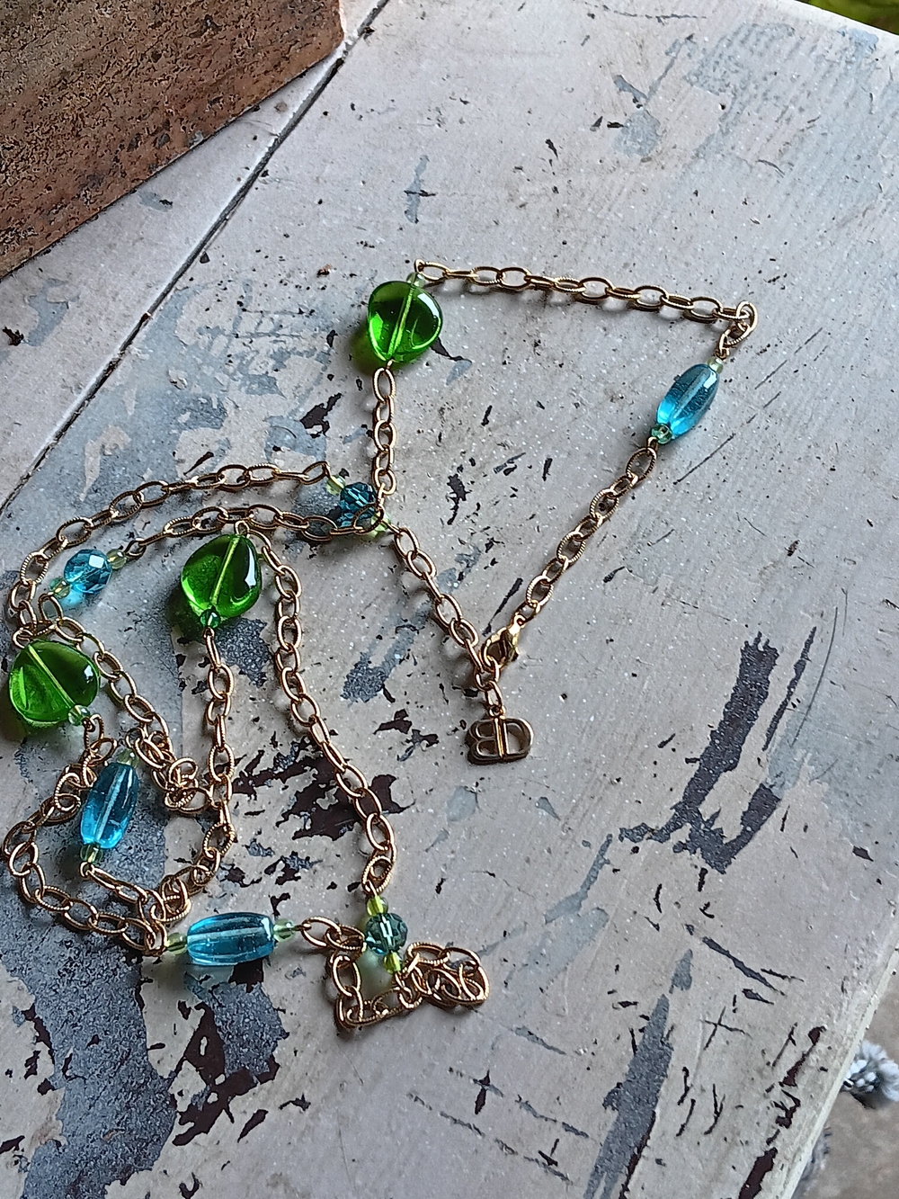 DB Lime Green Blue Faceted Beaded Gold Tone 41-inch Necklace